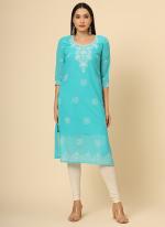 Georgette Sky Blue Casual Wear Embroidery Work Readymade Kurti